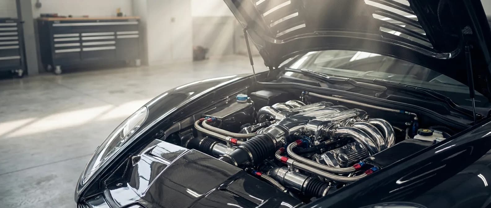 Vue cinématographique d'un moteur haute performance propre et bien entretenu pour illustrer la longévité éthanol