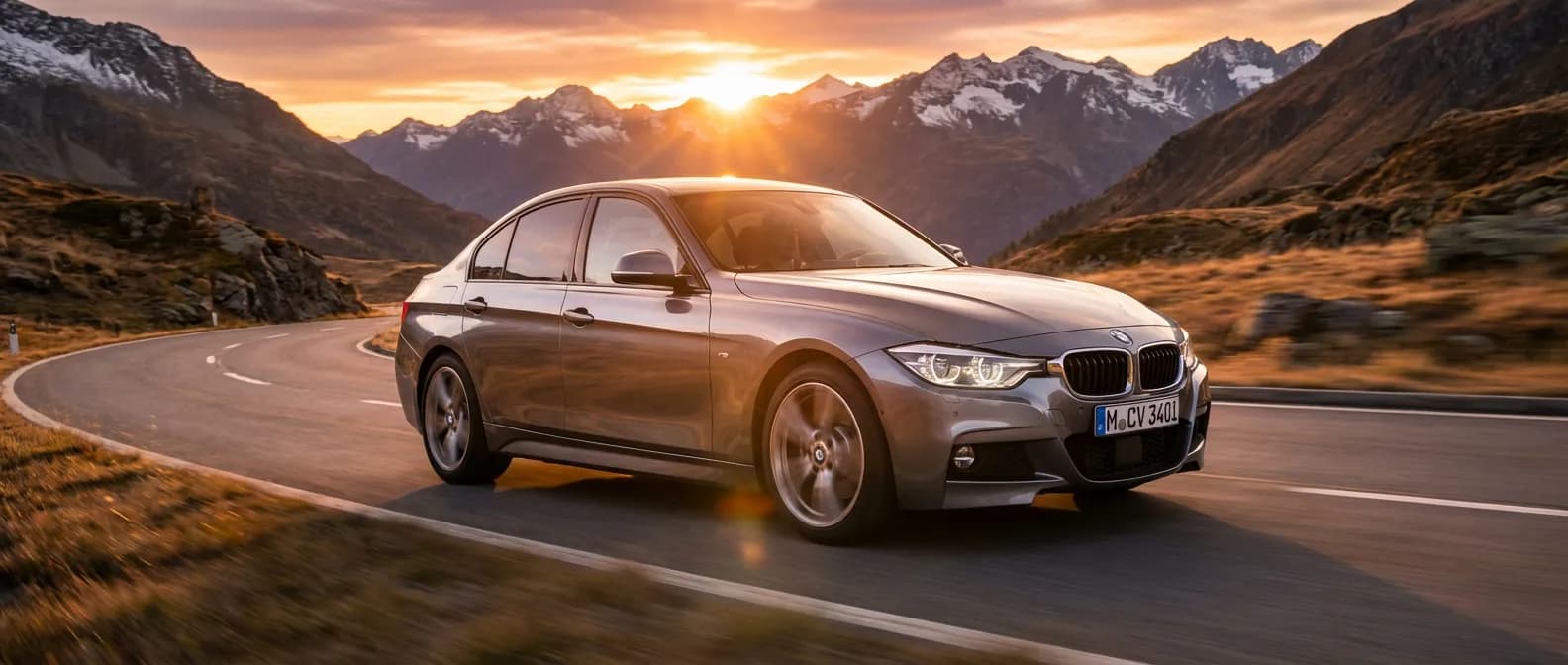 BMW 340i grise roulant sur une route de montagne au coucher du soleil, style éditorial