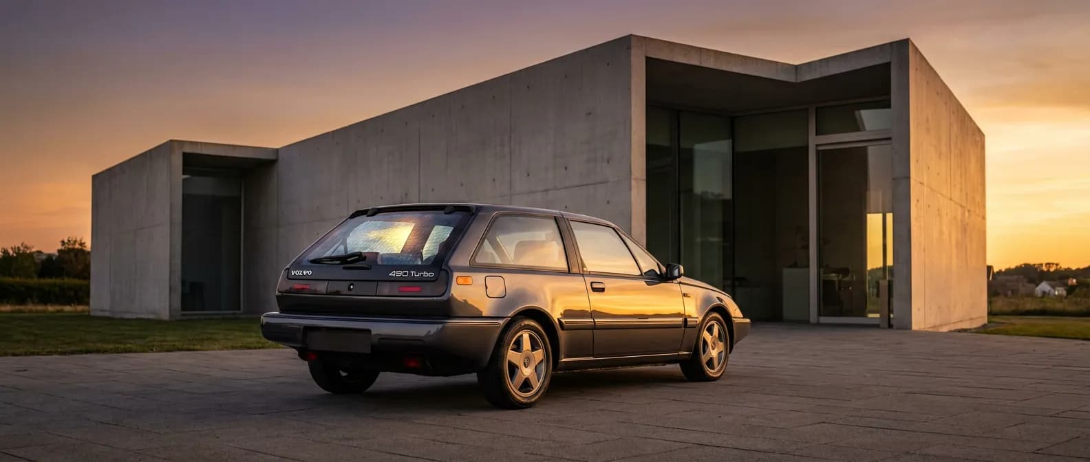 Une Volvo 480 Turbo rouge devant un bâtiment moderne au soleil couchant