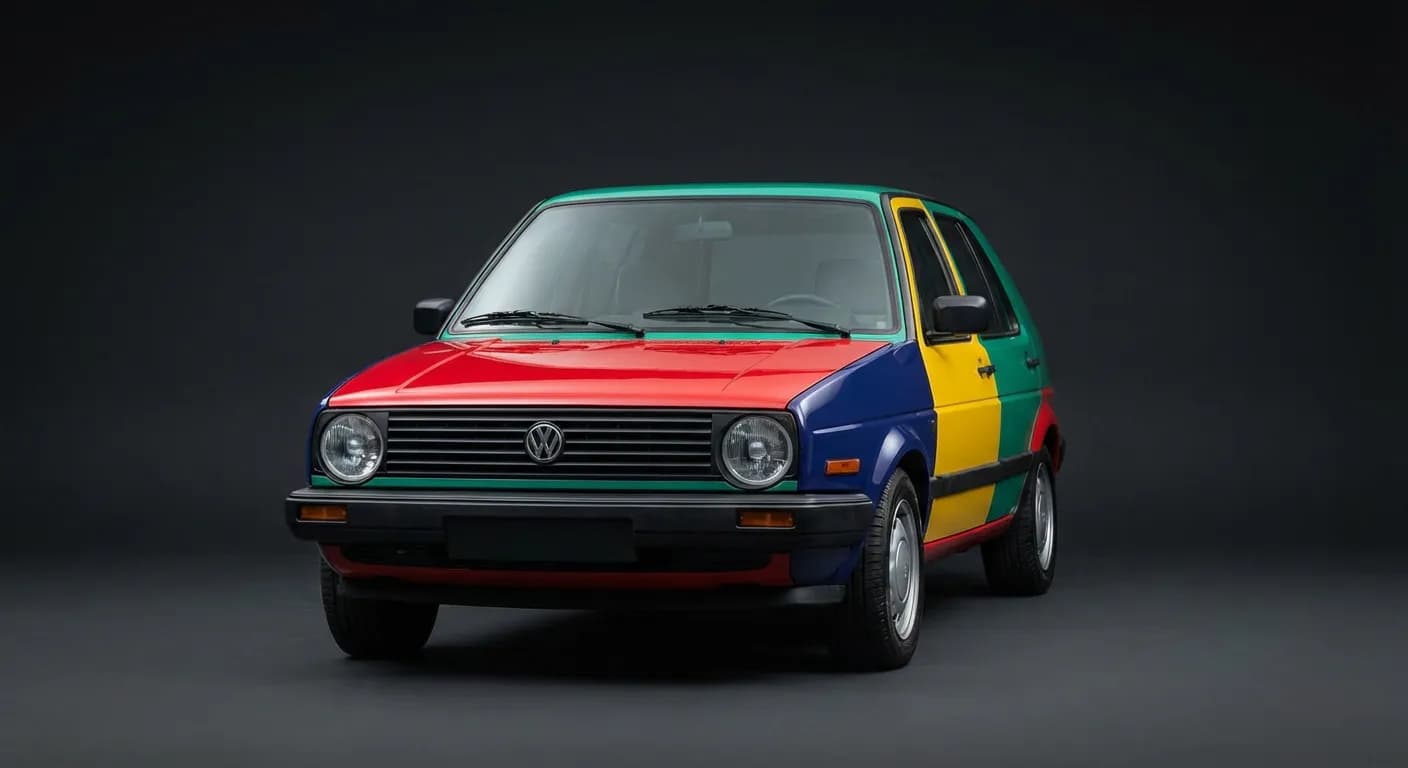 Portrait de face minimaliste d'une Volkswagen Golf Harlequin montrant ses panneaux de carrosserie colorés
