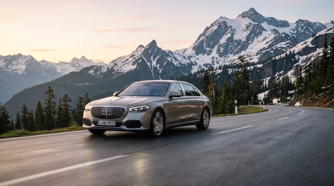 Une berline de luxe parcourant une route de montagne sinueuse au lever du soleil, illustrant l'élégance et la performance.