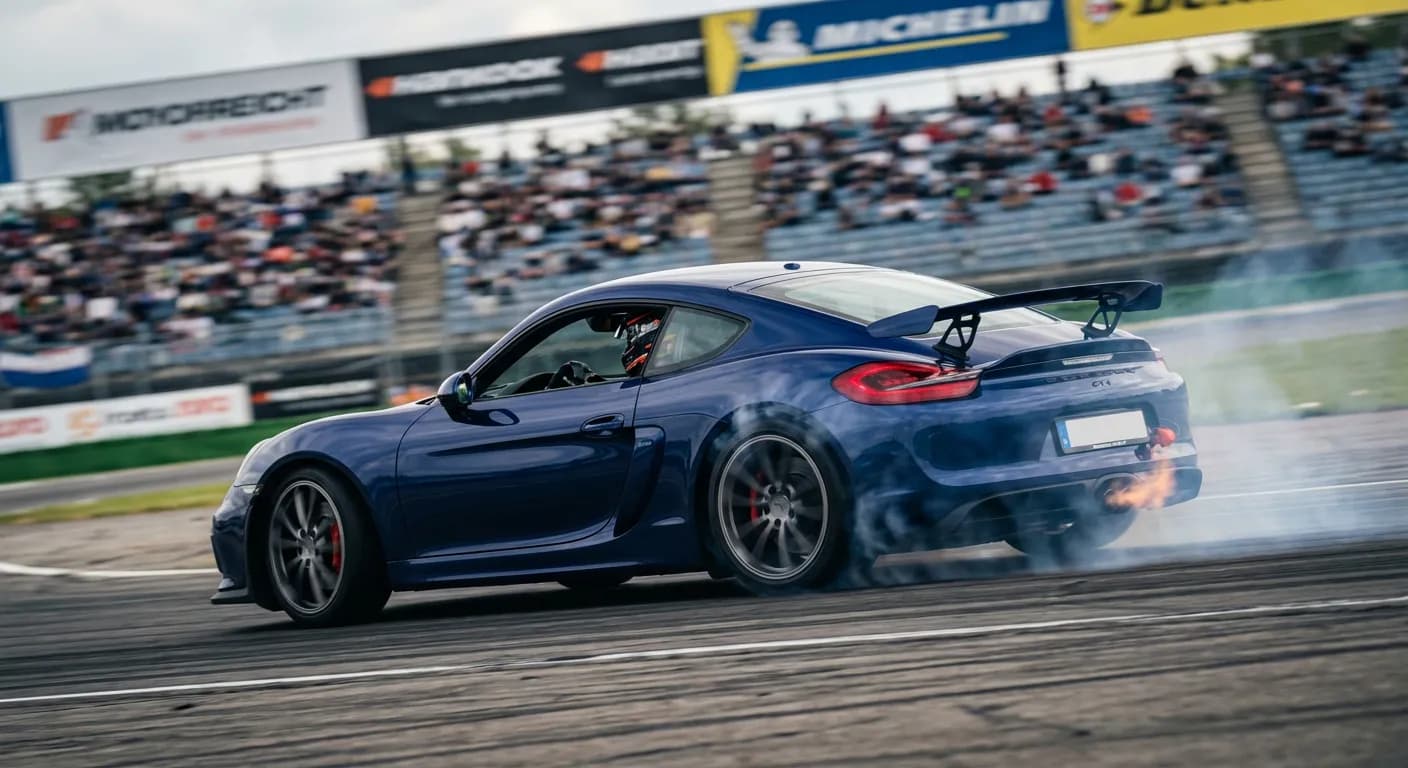 Porsche 981 GT4 en pleine accélération sur un circuit de course