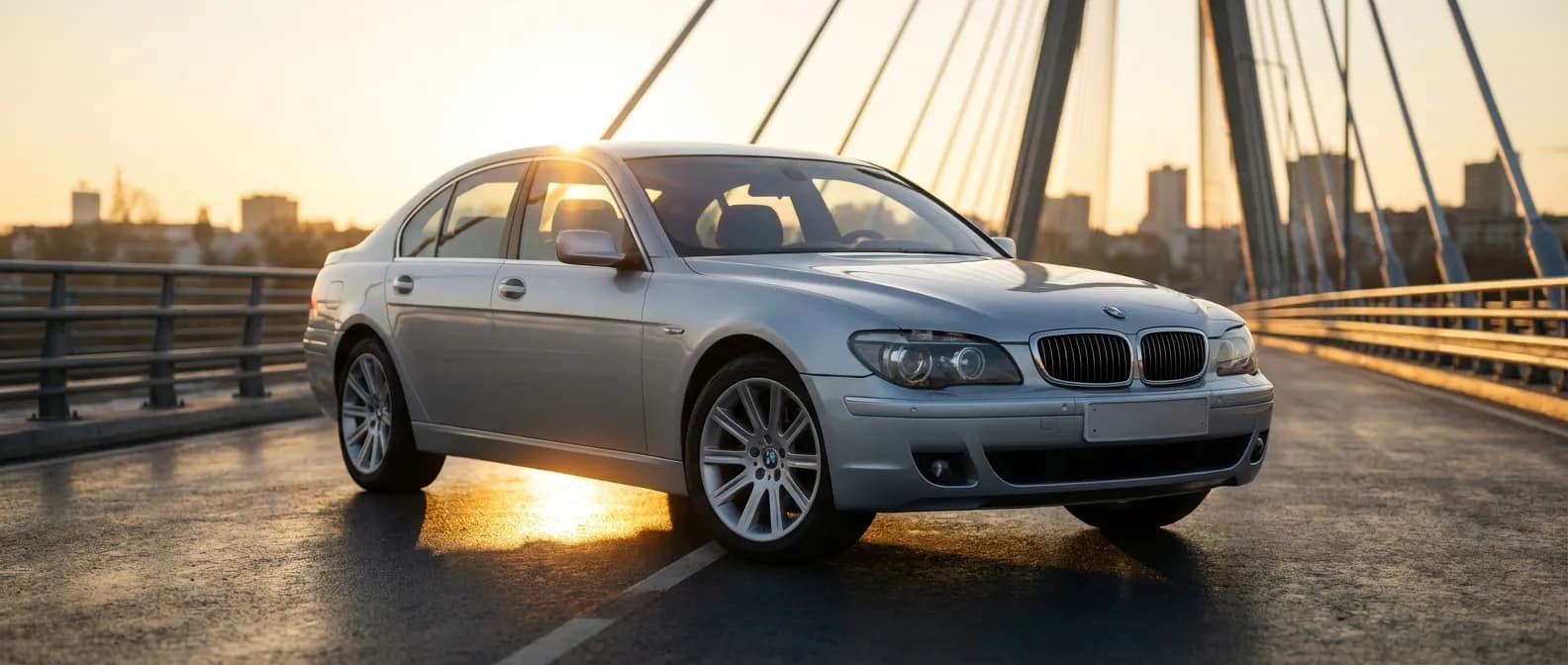 BMW 7 45i E65 argentée sur un pont moderne au coucher du soleil, style éditorial luxe