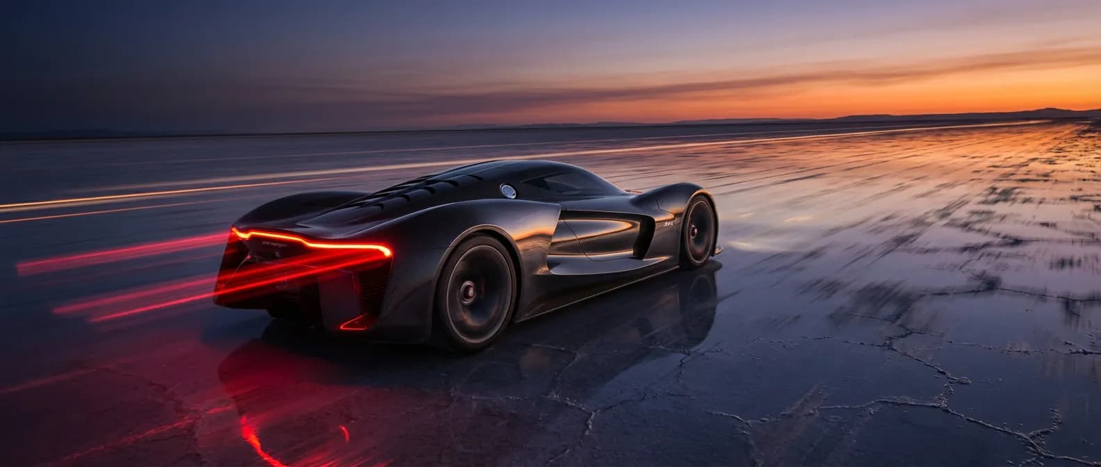 L'hypercar futuriste Dodge SRT Tomahawk lancée à pleine vitesse sur un lac salé au crépuscule