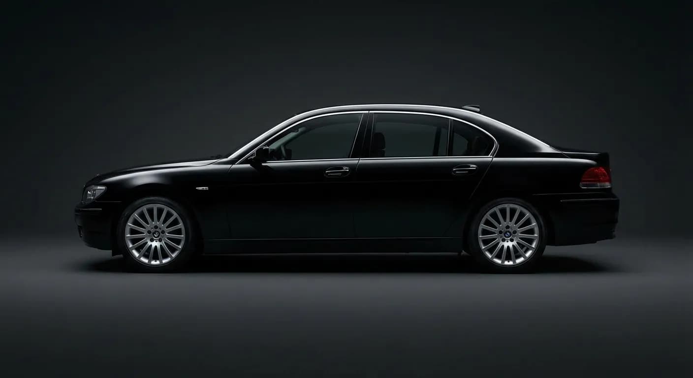 Silhouette de profil d'une BMW 7 45i noire en studio, éclairage contrasté