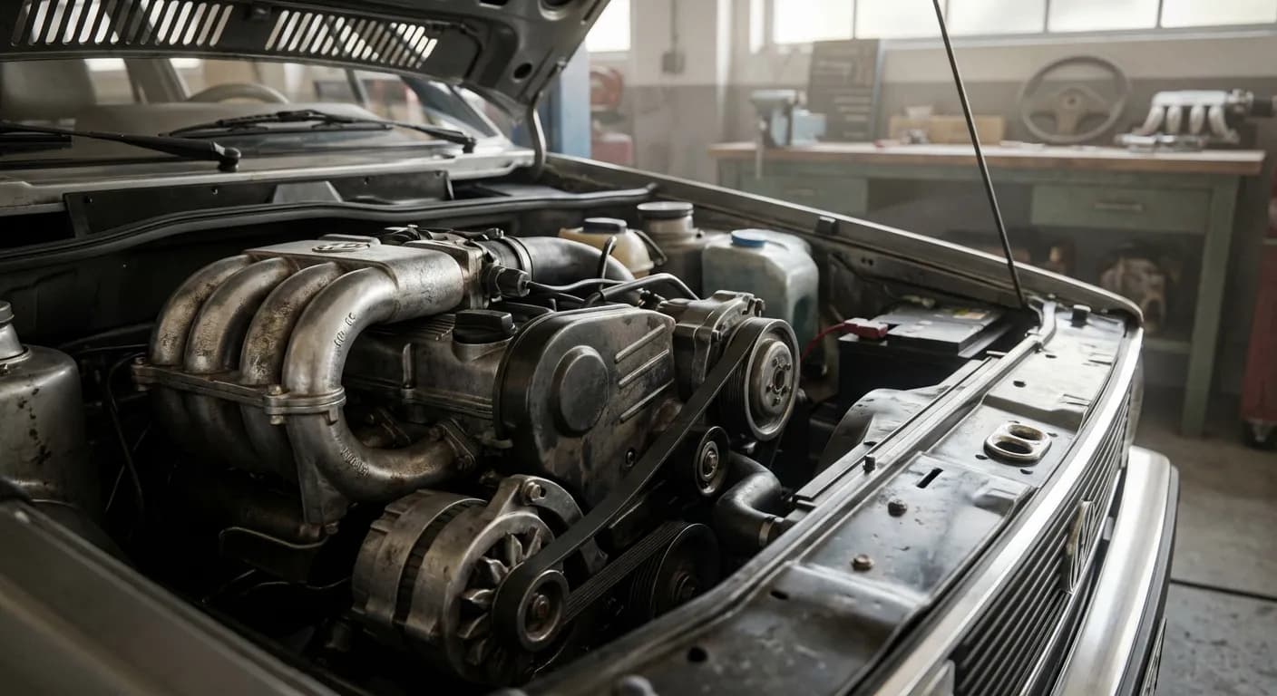 Vue détaillée du compartiment moteur d'une Golf 2 G60 montrant le compresseur