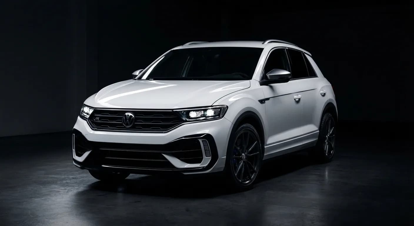 Vue studio minimaliste de face du VW T-Roc R blanc