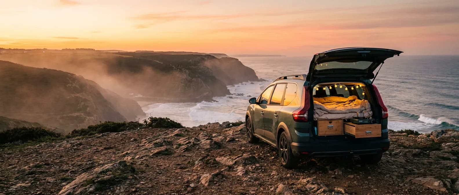 Dacia Jogger aménagé en camping-car sur une falaise au lever du soleil