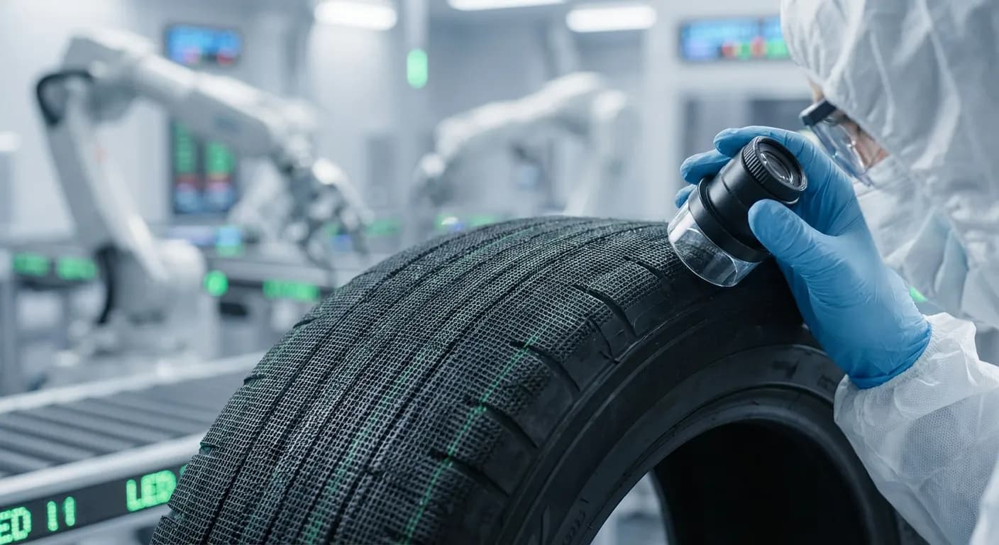 Contrôle qualité rigoureux dans l'usine de fabrication française des pneus Léonard.