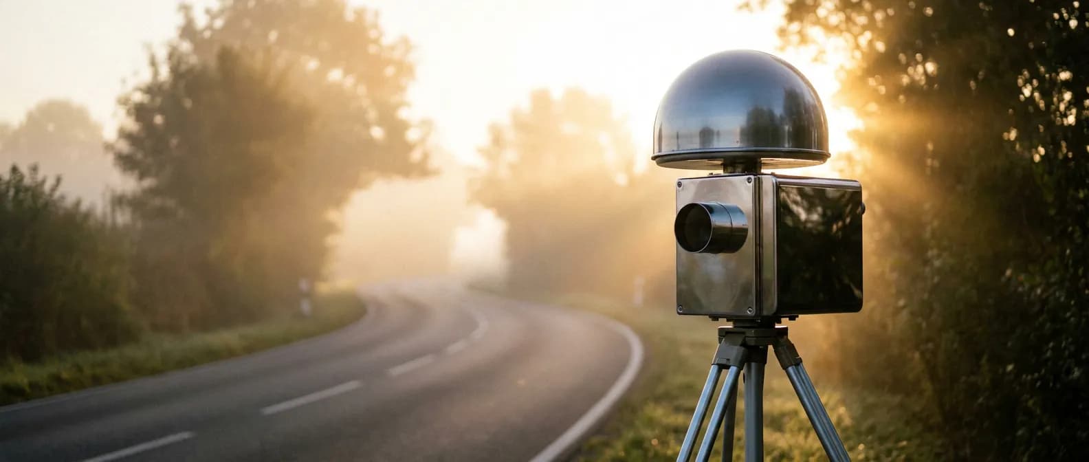 Radar hibou Mesta 210C installé sur un trépied au bord d'une route de campagne au coucher du soleil.