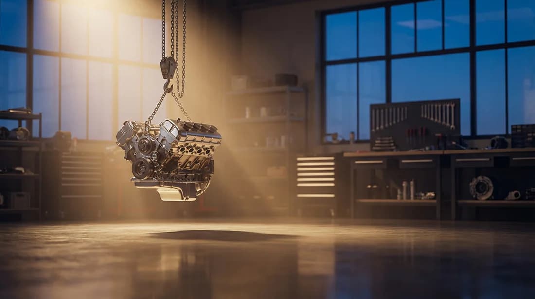 Vue cinématographique d'un atelier de mécanique haut de gamme avec un moteur en suspension sous un éclairage studio professionnel.
