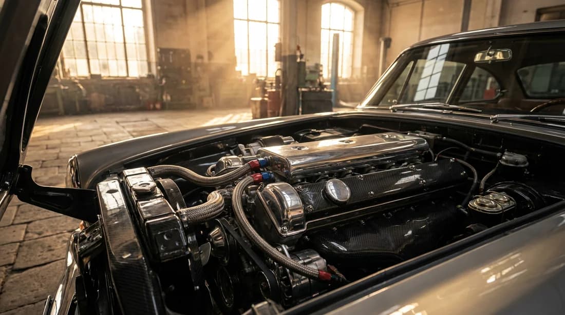 Une voiture de luxe classique avec un moteur parfaitement entretenu dans un atelier baigné de lumière naturelle.