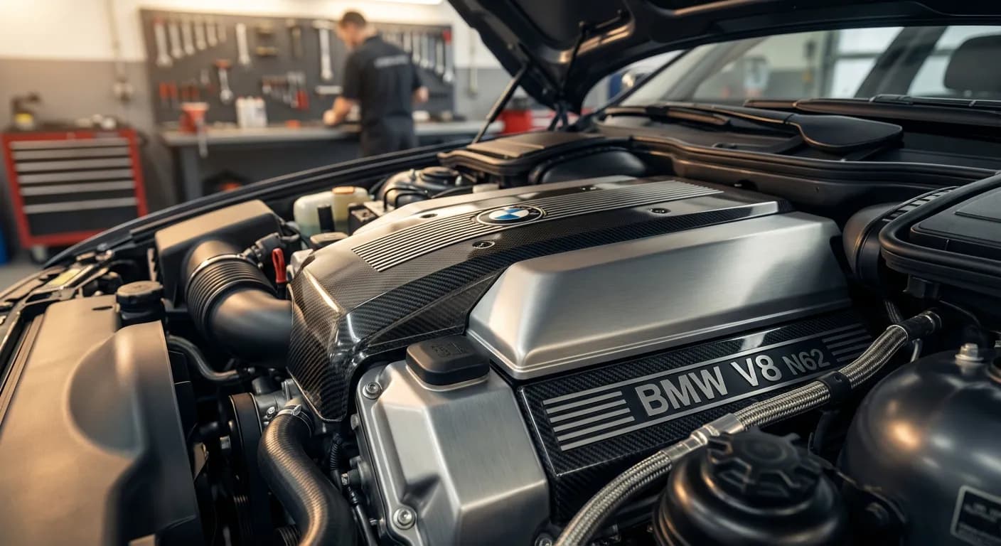 Gros plan détaillé du moteur V8 N62 d'une BMW 7 45i, ingénierie allemande