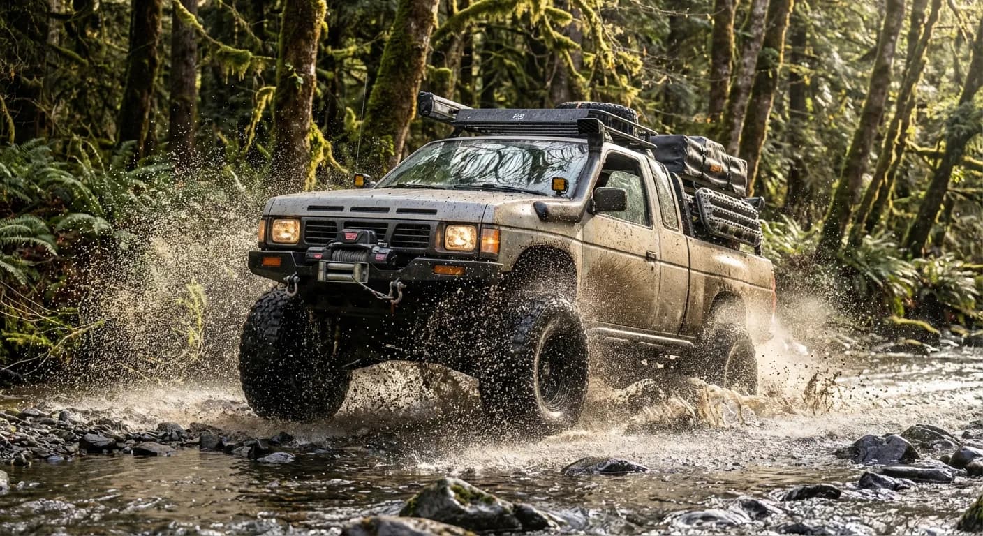 Capacités tout-terrain du Nissan D21 4x4 Nissan D21 Pickup préparé franchissant une rivière en forêt