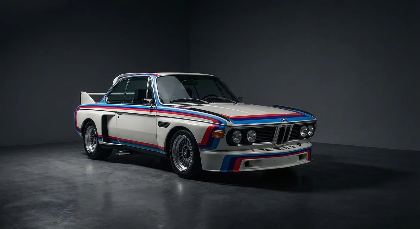 Vue de face iconique de la BMW 3.0 CSL 1973 style studio