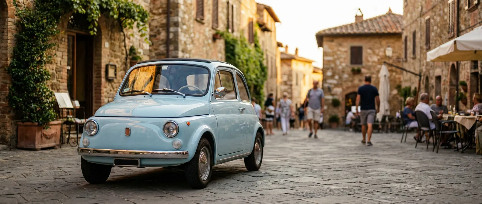 Fiat 500 ancienne garée dans une rue pittoresque en Toscane au coucher du soleil