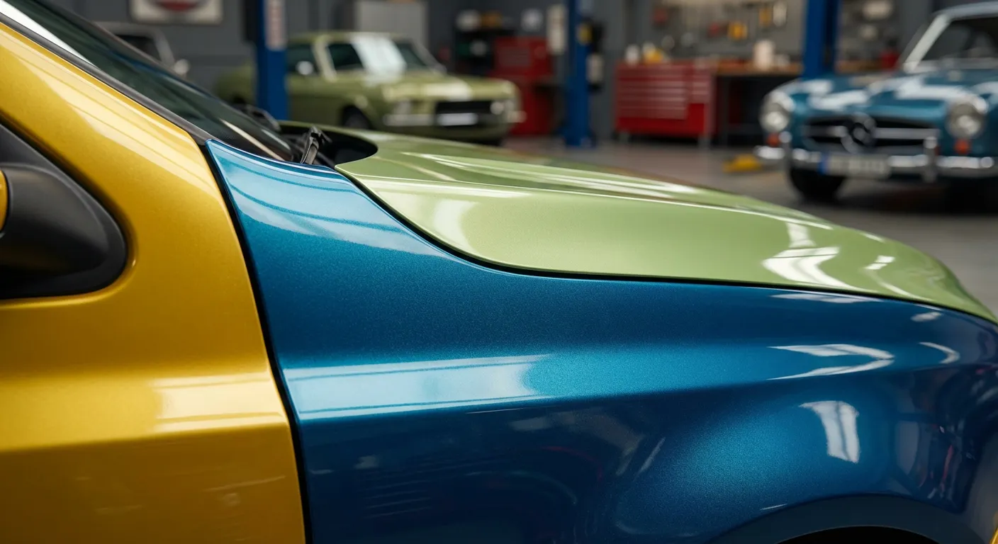 Gros plan macro sur les panneaux de carrosserie multicolores d'une Golf Harlequin de collection