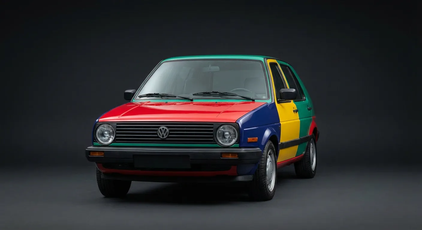 Portrait de face minimaliste d'une Volkswagen Golf Harlequin montrant ses panneaux de carrosserie colorés