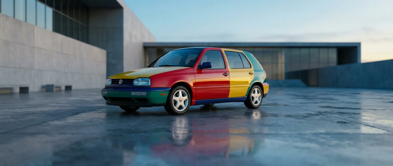 Vue cinématographique d'une Volkswagen Golf Harlequin multicolore sur une place moderne au lever du soleil