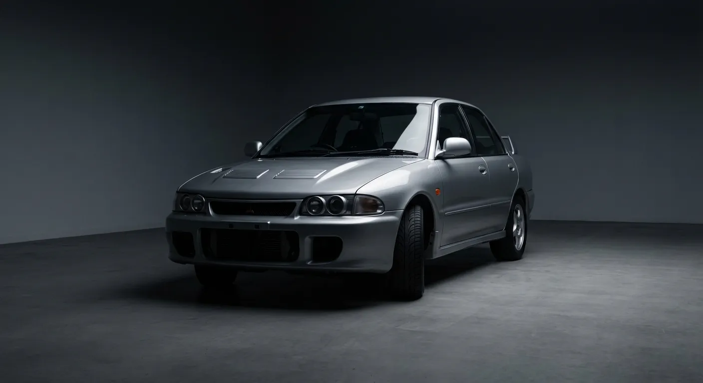 Vue iconique de face d'une Mitsubishi Evo 2 argentée