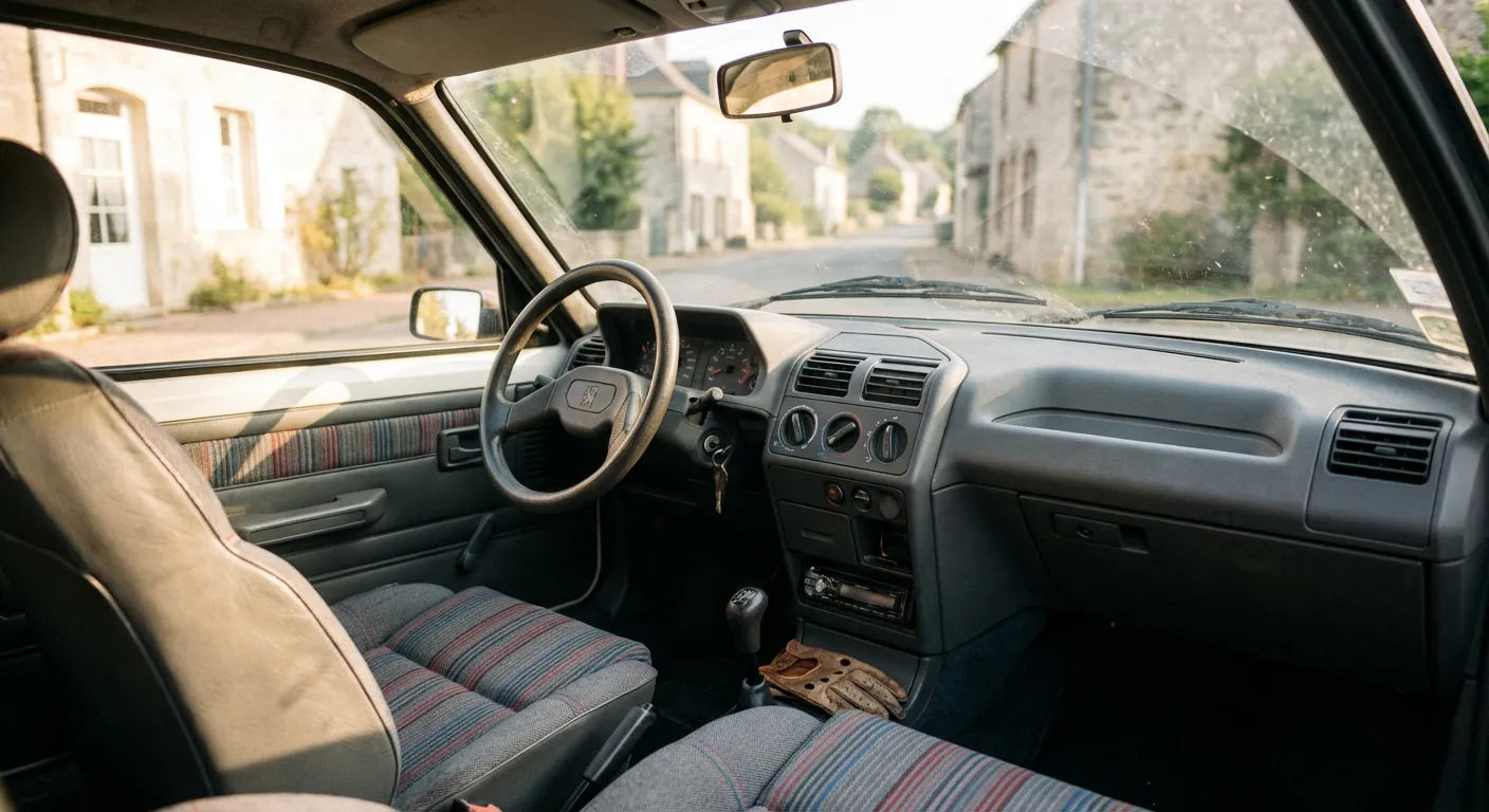 Détail de l'habitacle vintage et du tableau de bord d'une Peugeot 205 GR.