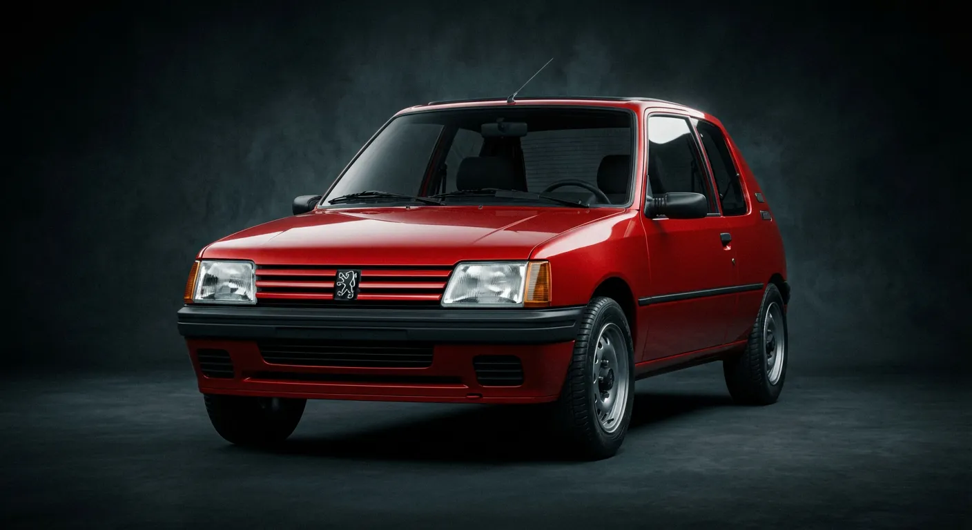 Gros plan iconique d'une Peugeot 205 GR rouge sous un éclairage de studio dramatique.