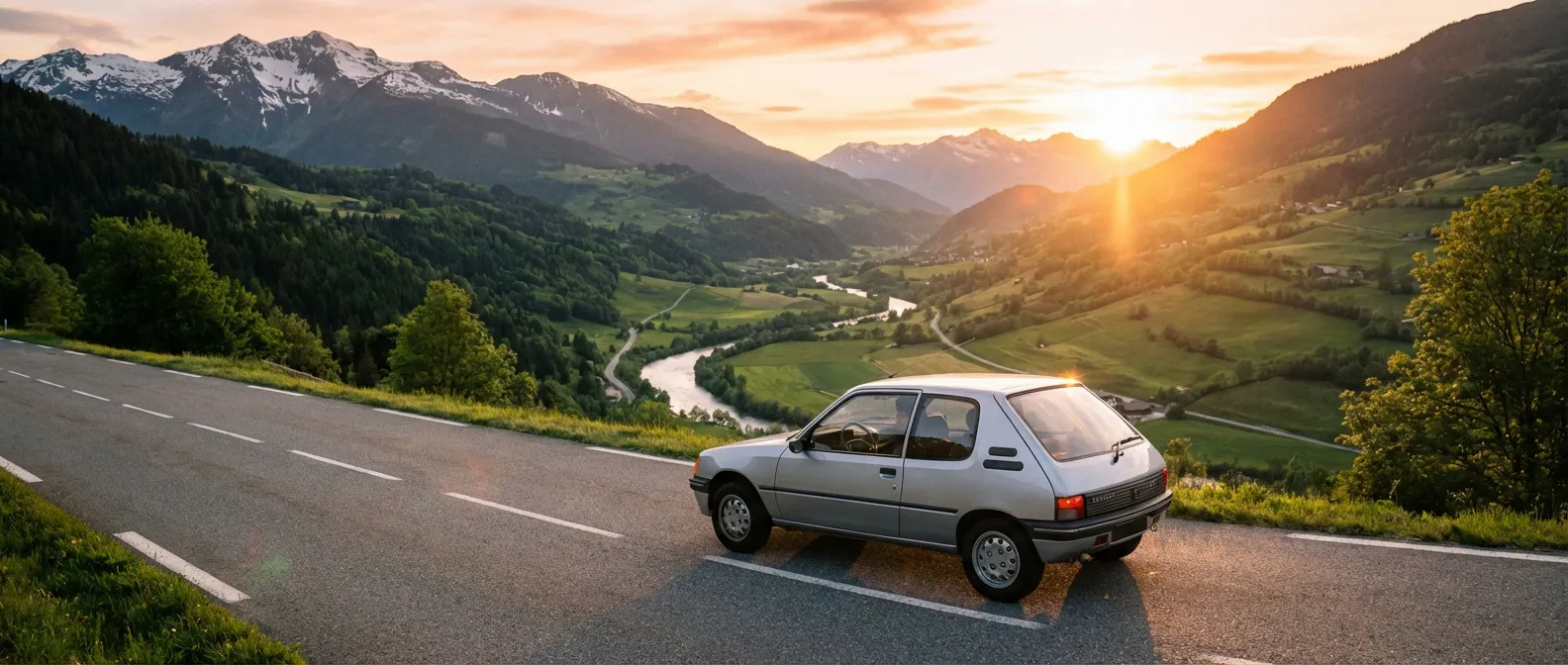 Une Peugeot 205 GR argentée circulant sur une route de montagne pittoresque au coucher du soleil.