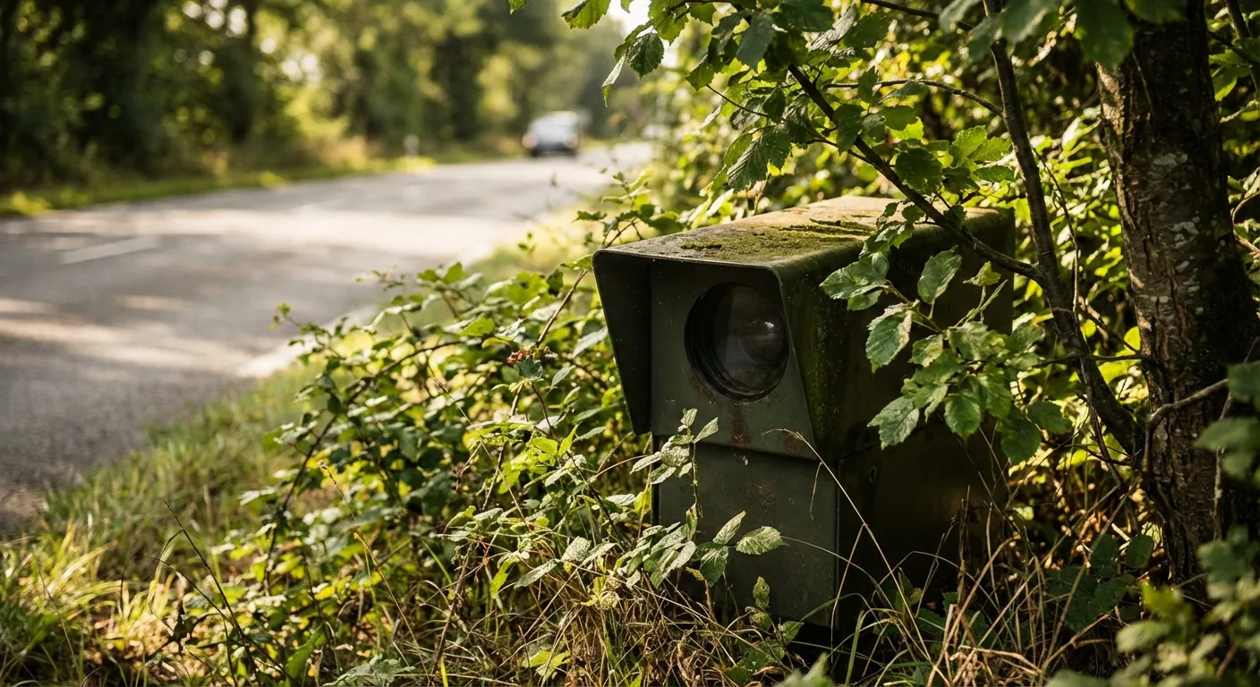 Radar hibou camouflé derrière la végétation en bordure de route.
