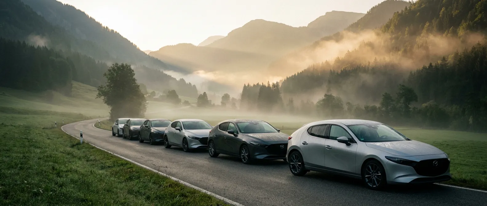 Une rangée de voitures fiables et abordables sur une route de campagne au lever du soleil, style magazine automobile.