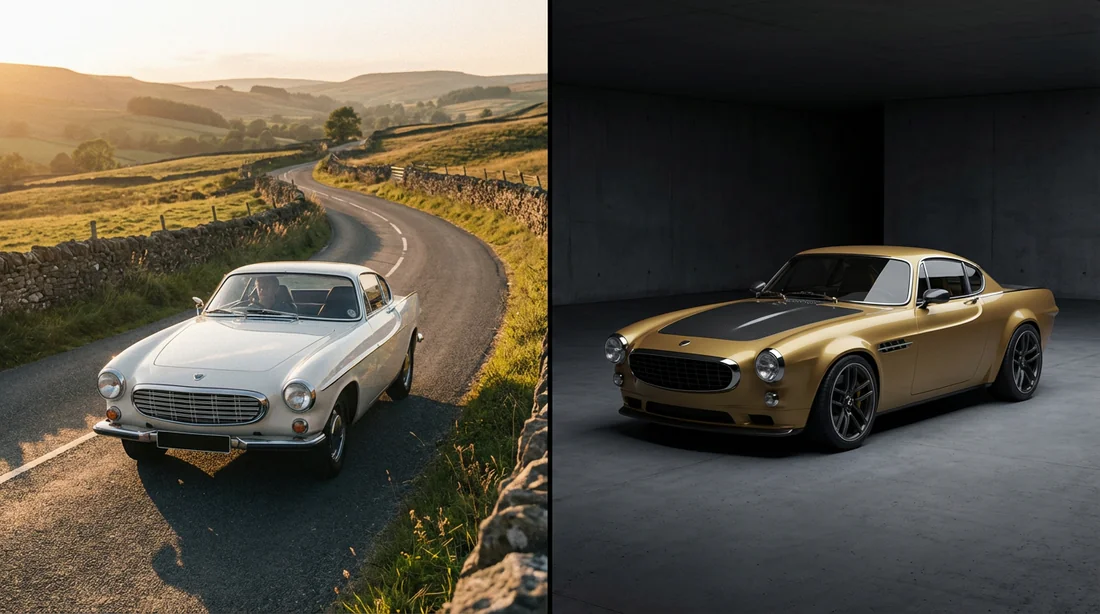 Comparaison entre la Volvo P1800 classique blanche et le restomod Cyan GT doré.