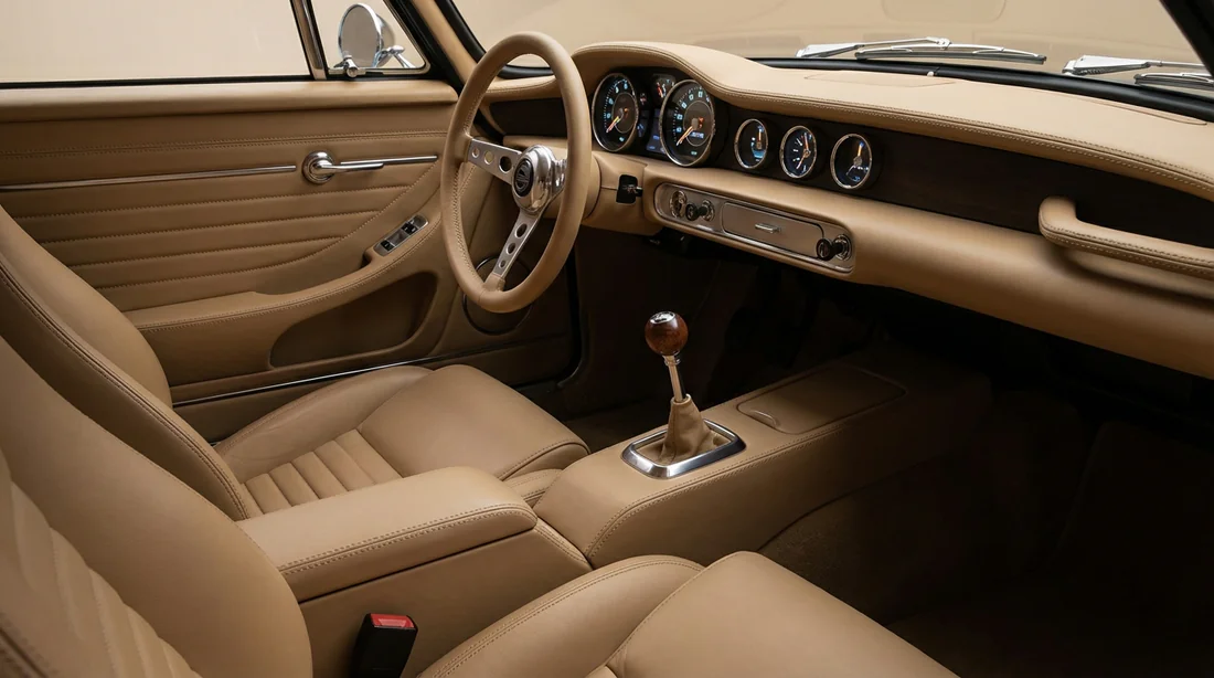 Intérieur de la Volvo P1800 Cyan GT avec cuir sable et instrumentation rétro-moderne.
