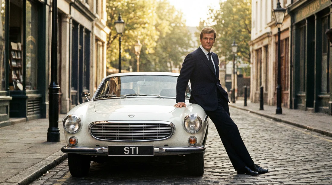 Roger Moore posant avec la célèbre Volvo P1800 blanche du Saint.
