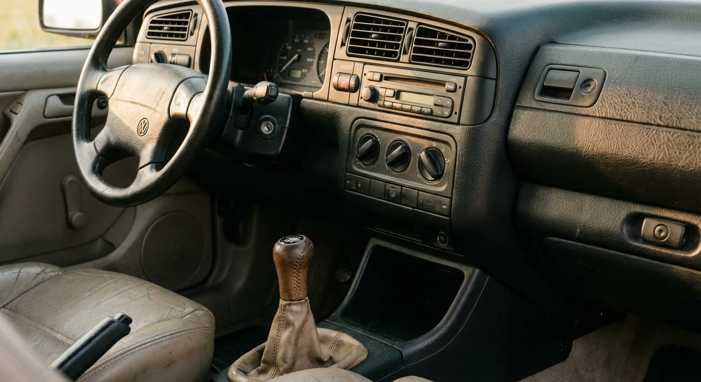 Détail de l'intérieur d'une Jetta 1995 montrant le tableau de bord et les finitions d'époque