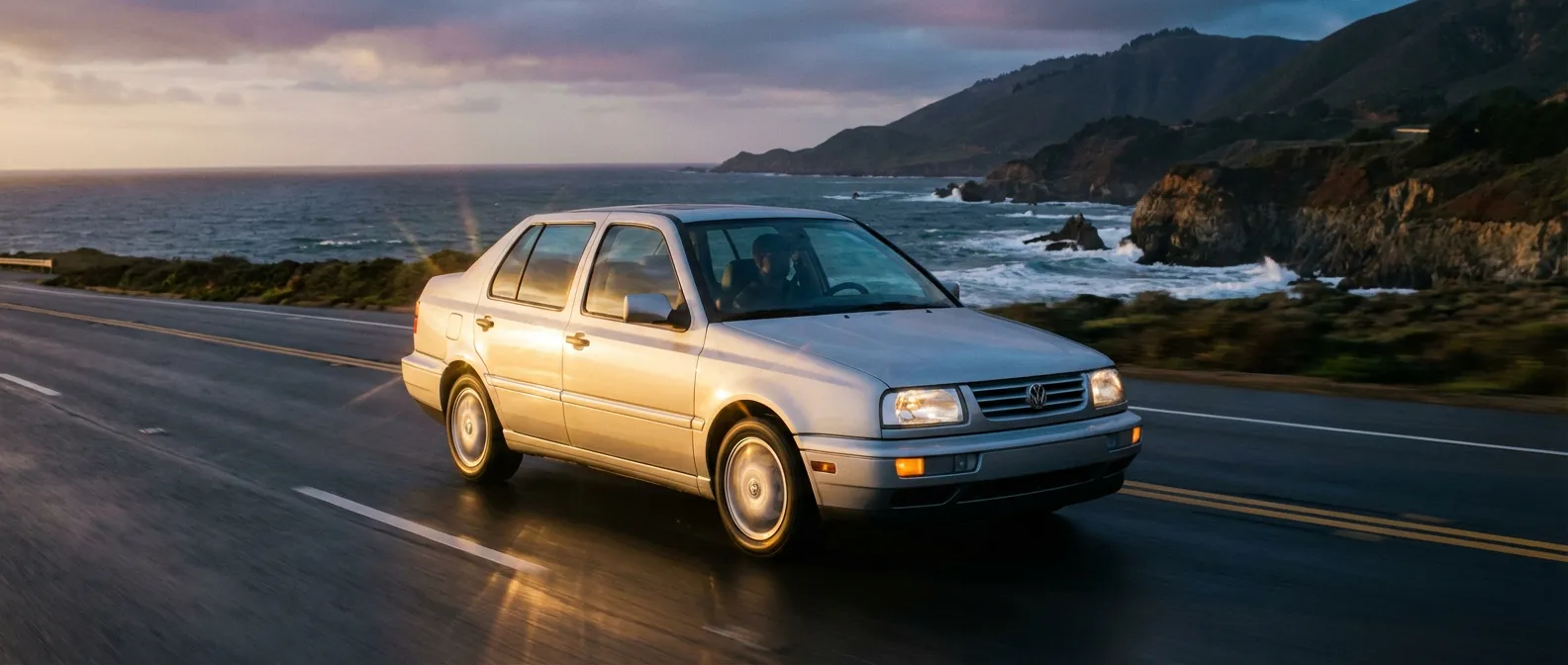 Vue cinématographique d'une Volkswagen Jetta 1995 sur une route côtière au coucher du soleil
