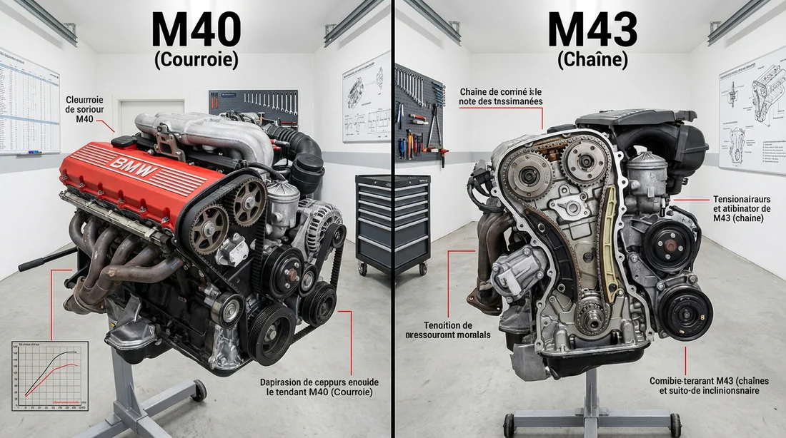 Comparatif moteur BMW M40 à courroie et M43 à chaîne