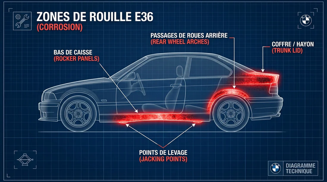 Schéma des zones de rouille et points de vigilance sur BMW E36