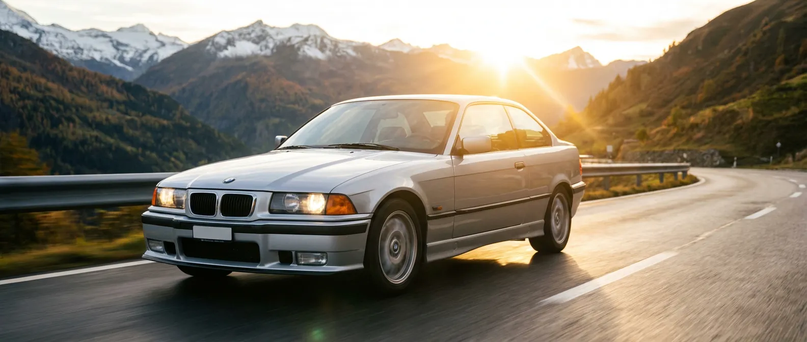 BMW 316i E36 argentée roulant sur une route de montagne au coucher du soleil