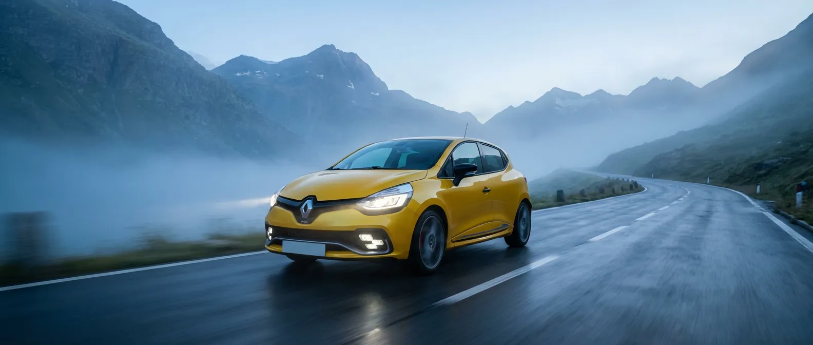 Renault Clio 4 RS Trophy Jaune Sirius sur une route de montagne sinueuse au lever du soleil