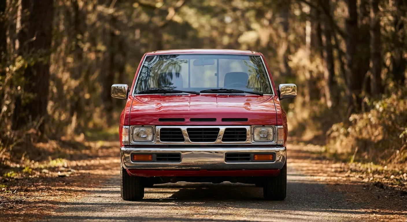 Vue avant iconique du Nissan D21 Pickup rouge