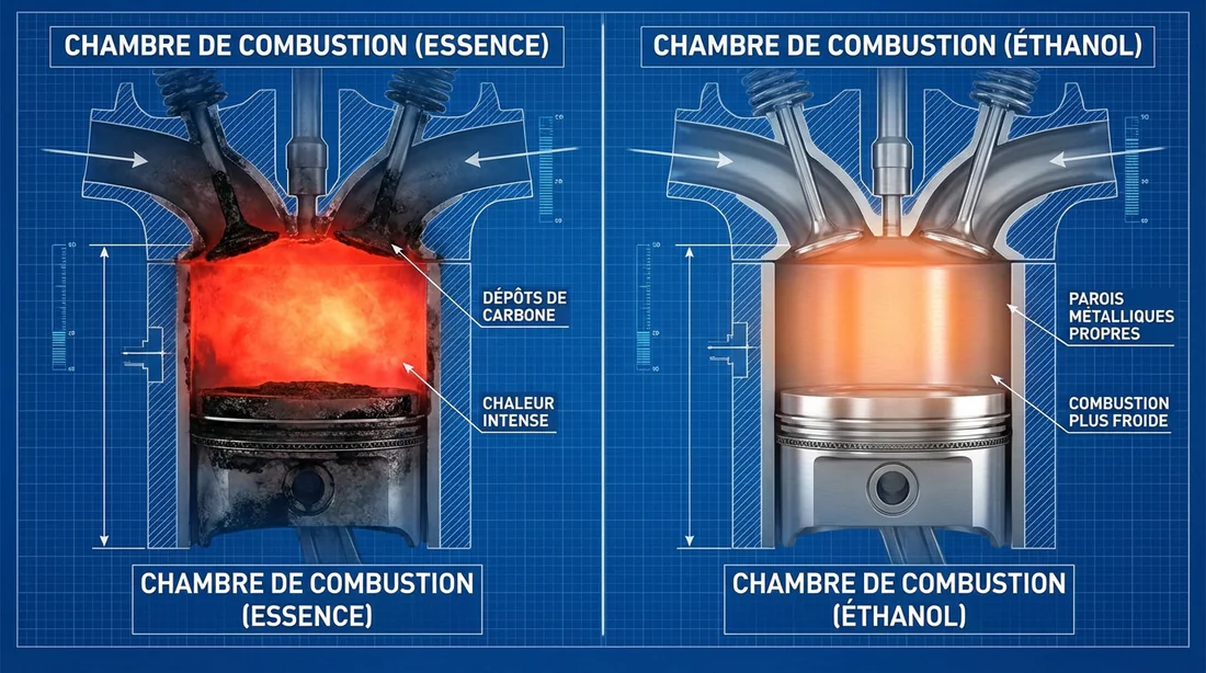 Comparaison thermique entre la combustion essence et éthanol.