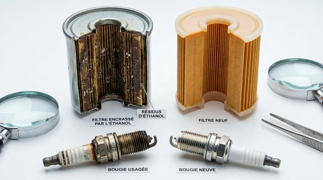 Filtre à essence ouvert et bougies d'allumage pour maintenance E85.