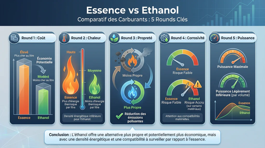 Infographie comparative essence versus éthanol sur 5 points clés.