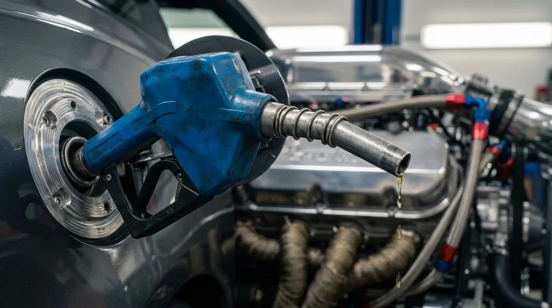 Pistolet de pompe E85 bleu inséré dans un réservoir avec vue floue sur un moteur propre.