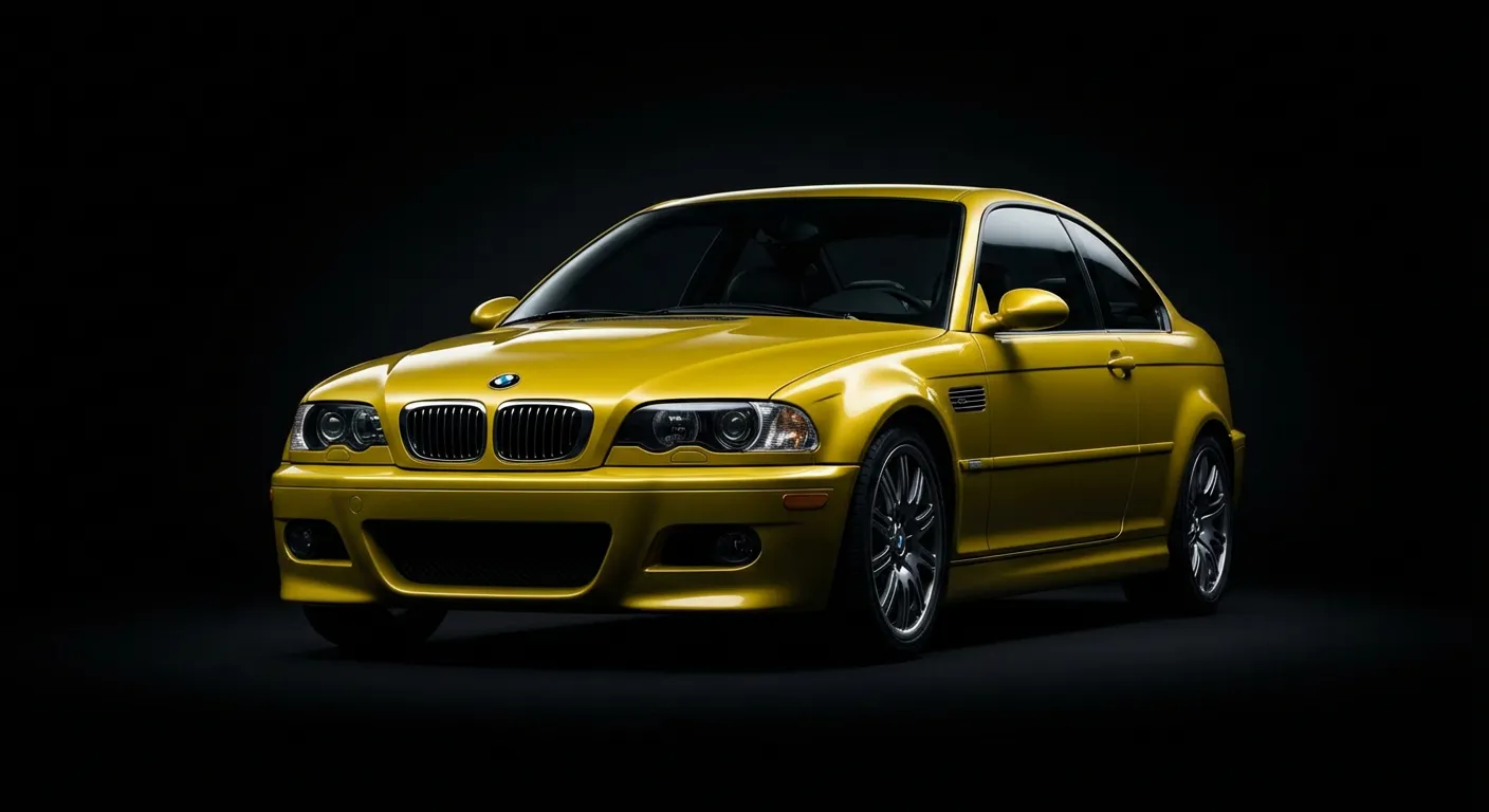 Vue studio iconique d'une BMW M3 E46 Phoenix Yellow sur fond noir