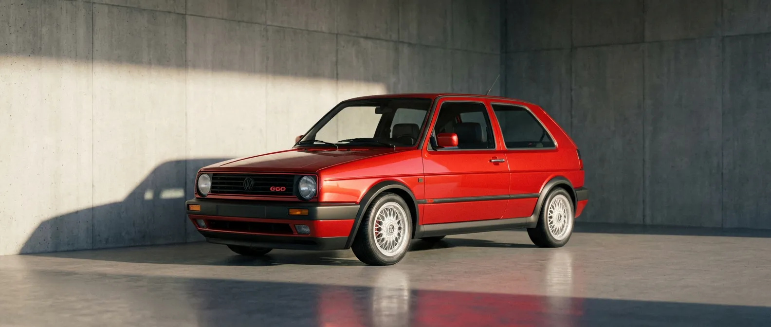 Une Volkswagen Golf 2 G60 classique dans un décor architectural moderne et épuré