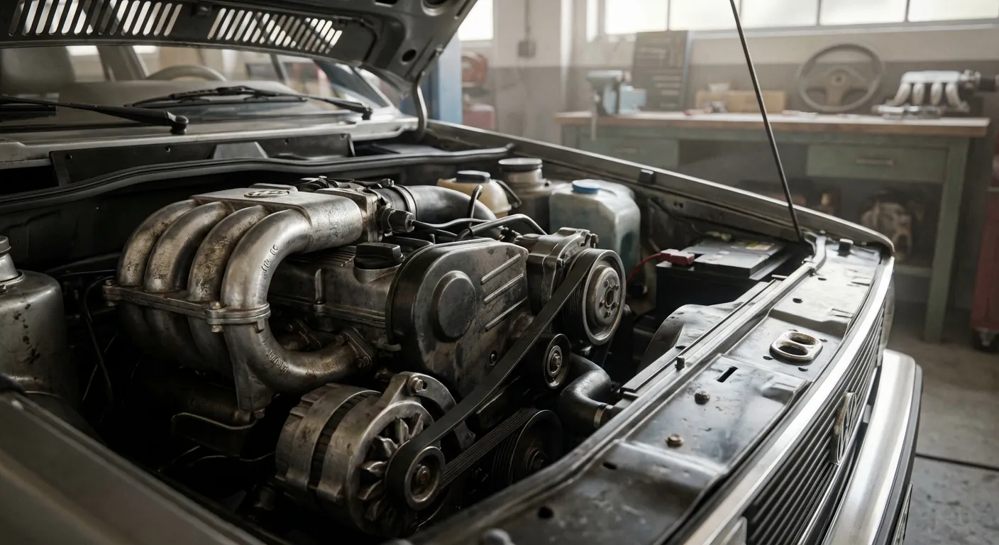 Vue détaillée du compartiment moteur d'une Golf 2 G60 montrant le compresseur