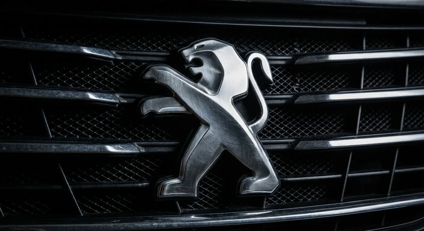 Gros plan contrasté du logo Peugeot sur la calandre d'une 208.