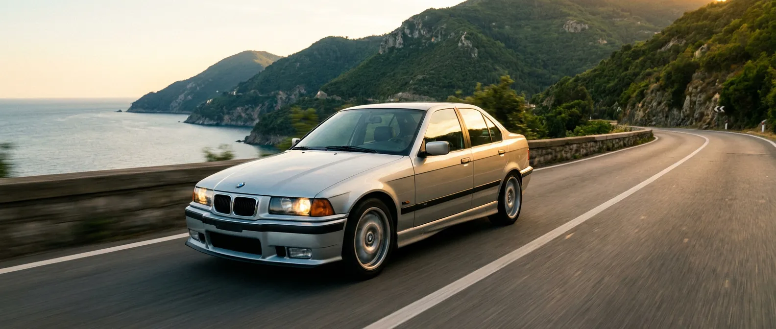 BMW 325 tds E36 circulant sur une route panoramique au coucher du soleil