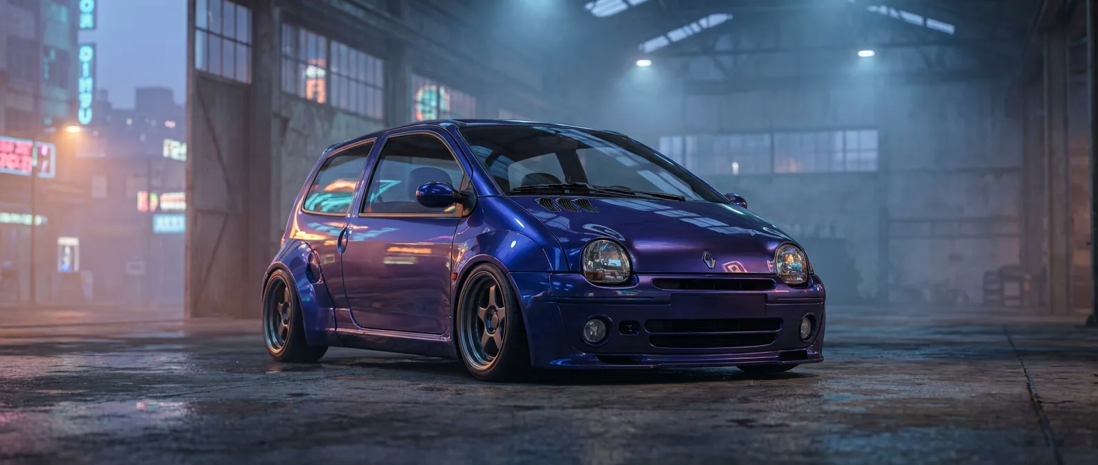 Une Renault Twingo 1 préparée en version restomod haut de gamme dans un décor urbain nocturne
