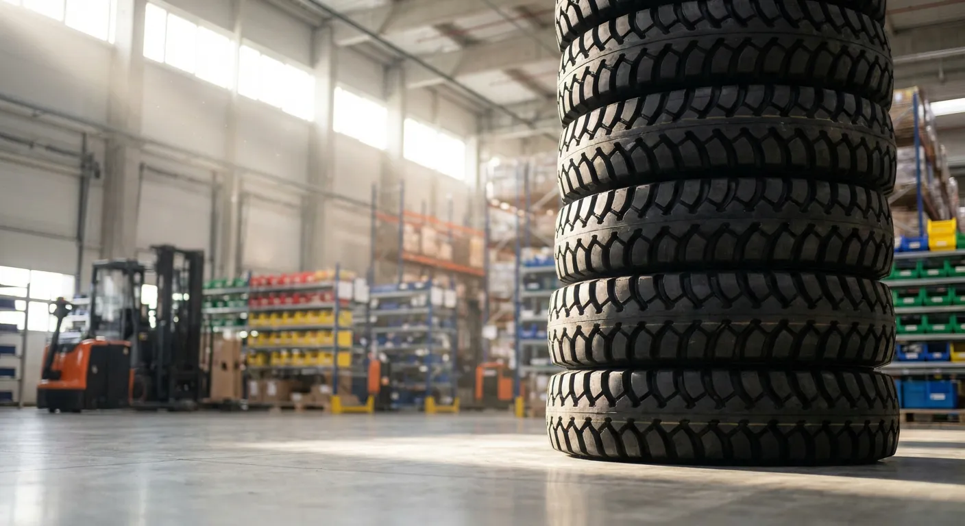 Stock de pneus neufs dans un entrepôt logistique moderne